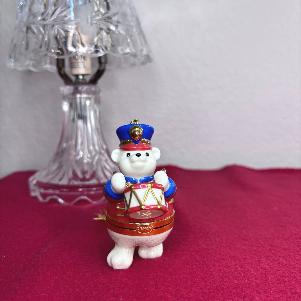 Lenox Treasures Marching Band Bear Drummer Hinged Trinket Box Christmas Ornament